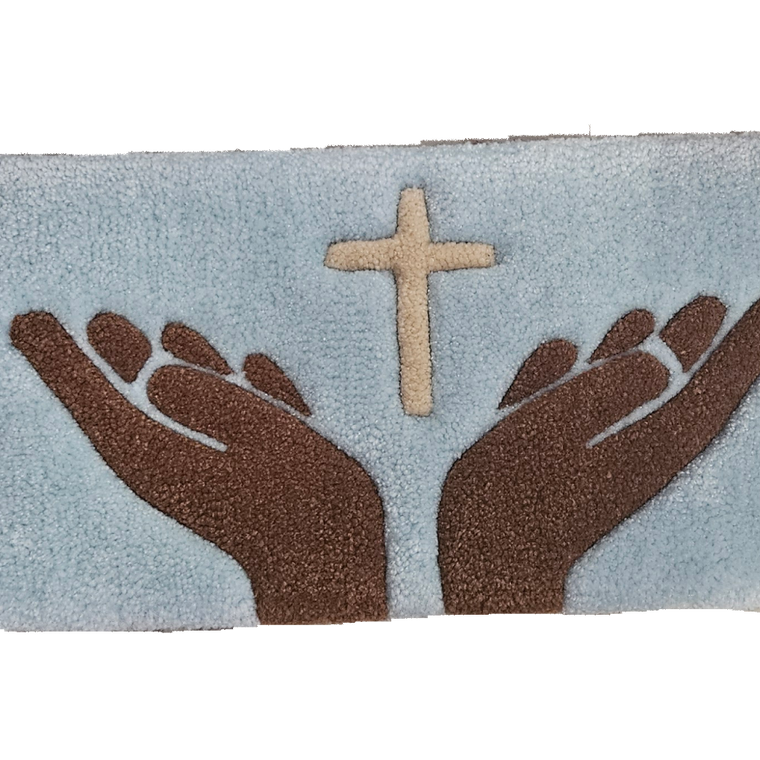Prayer Hands hand-tufted prayer and meditation fiber art with cross and open hands design