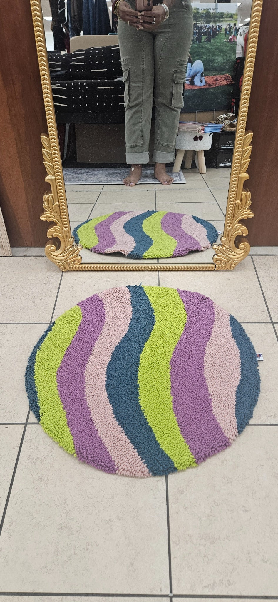Purple Lime loop-pile fiber art in purple, lime, blush pink, and blue