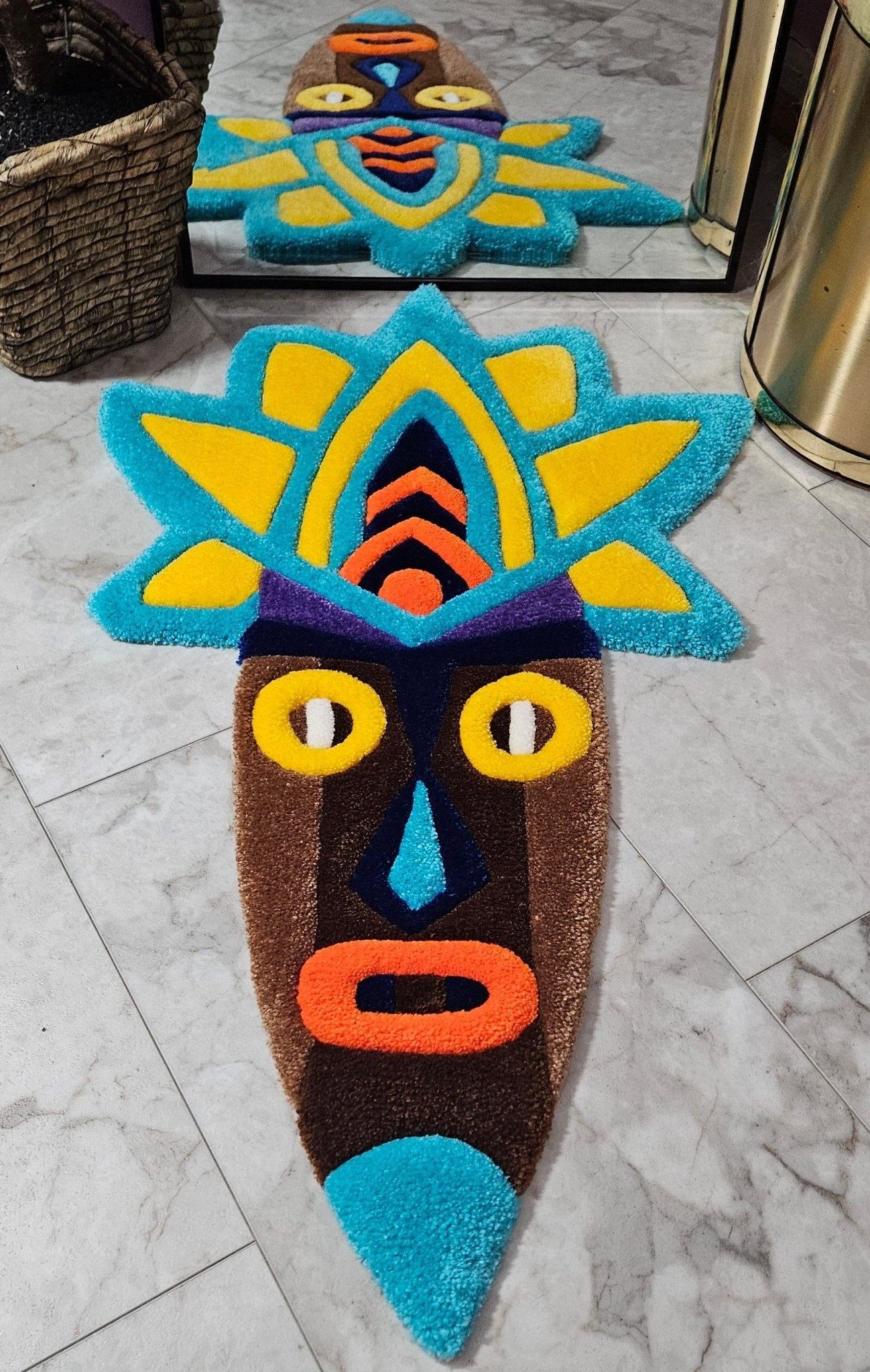 Radiant Tribal Mask: Hand - Tufted Rug Masterpiece - Kreative Artisan Threads