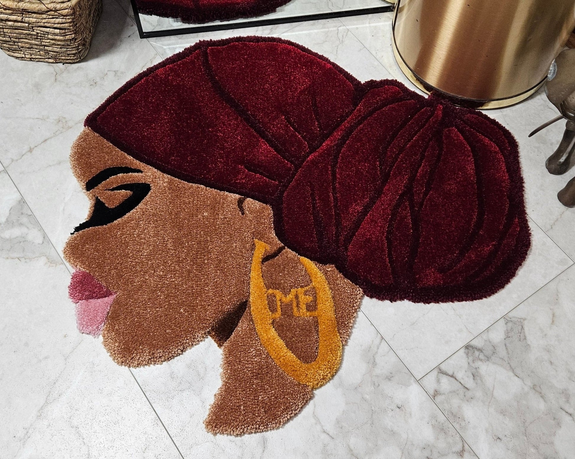 Ruby: Afrocentric Hand - Tufted Rug with Burgundy Headwrap and Gold Earring - Kreative Artisan Threads