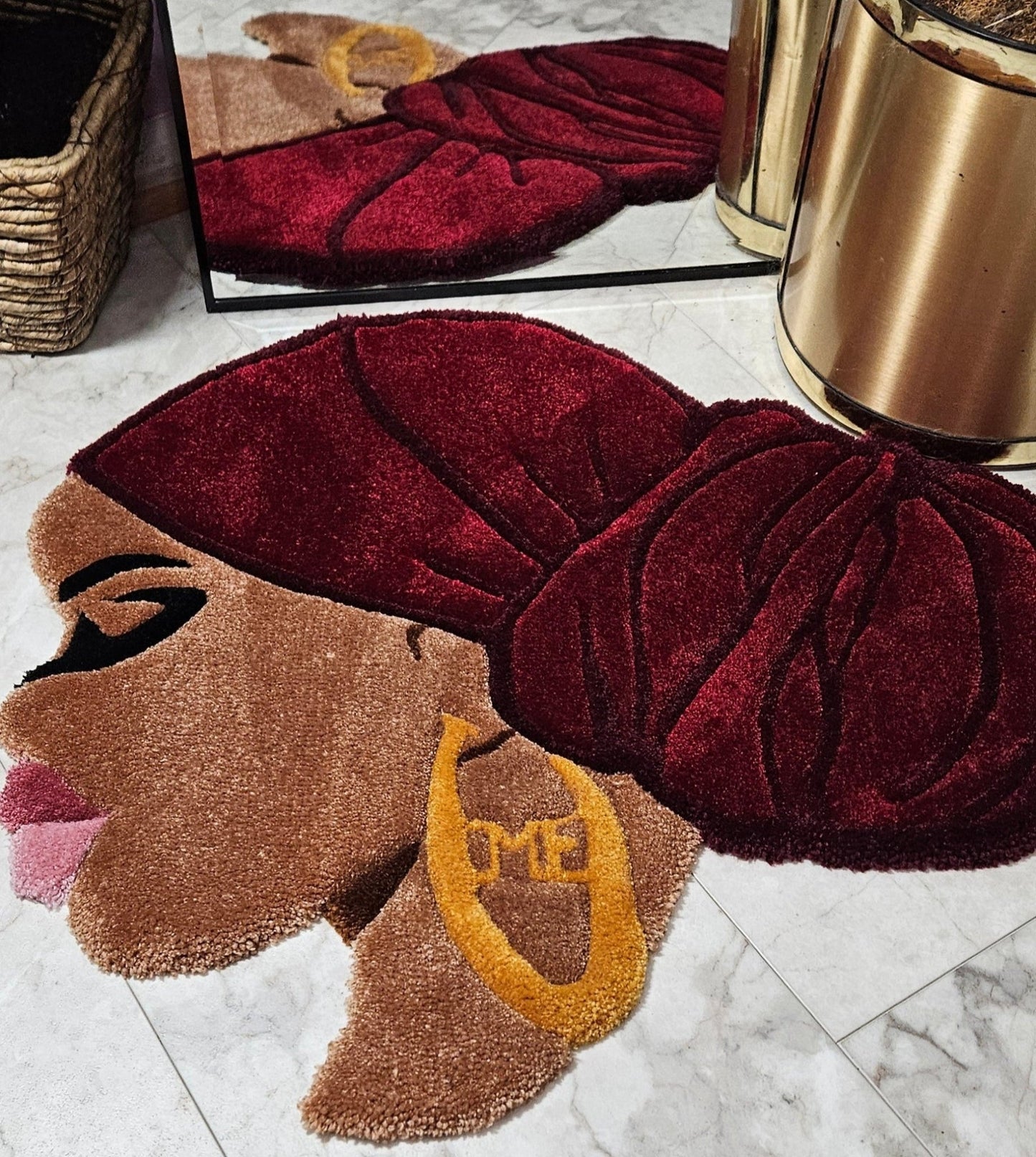 Ruby: Afrocentric Hand - Tufted Rug with Burgundy Headwrap and Gold Earring - Kreative Artisan Threads