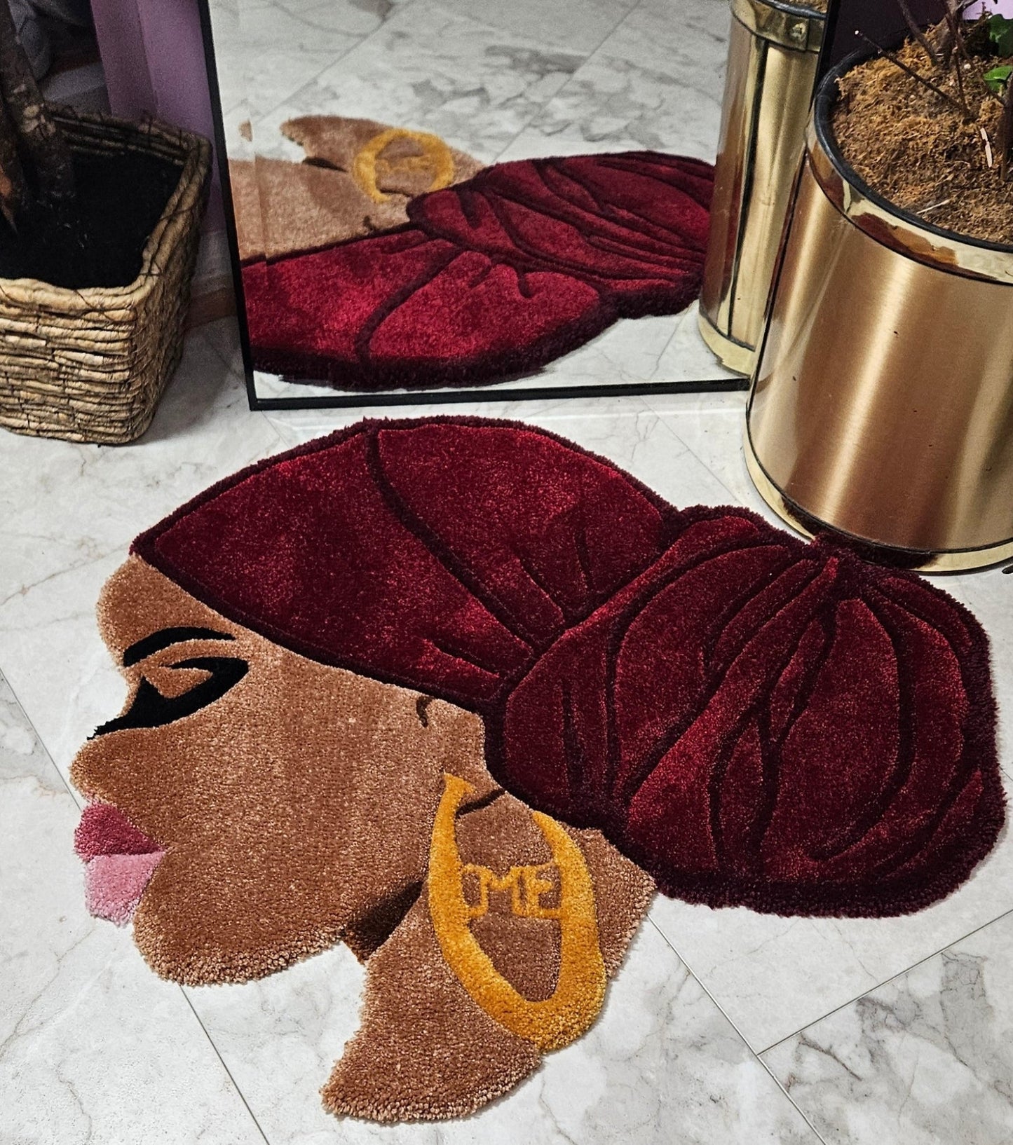 Ruby: Afrocentric Hand - Tufted Rug with Burgundy Headwrap and Gold Earring - Kreative Artisan Threads