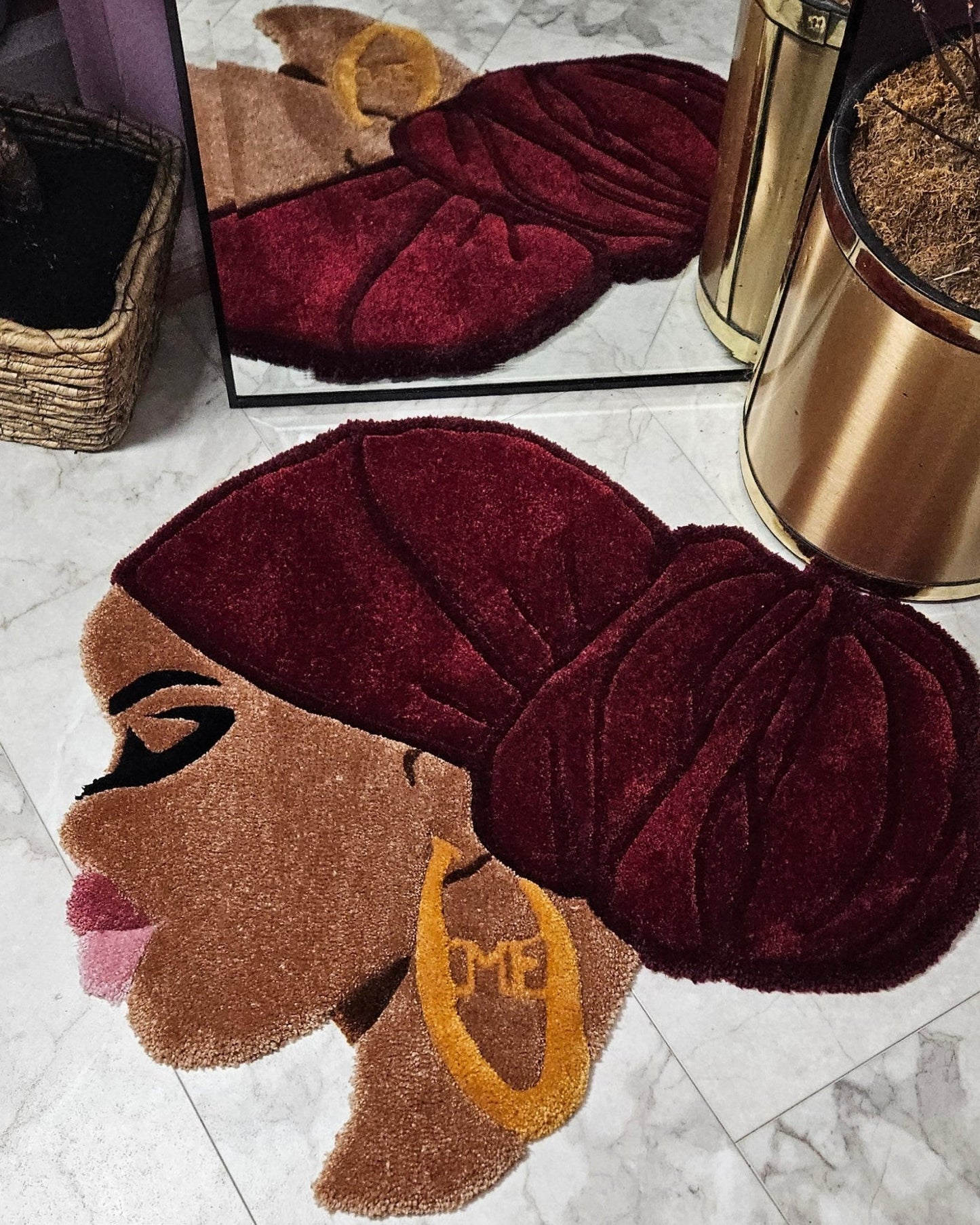 Ruby: Afrocentric Hand - Tufted Rug with Burgundy Headwrap and Gold Earring - Kreative Artisan Threads