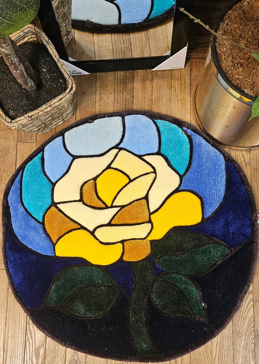 Stained Glass Rose Fiber Art Rug – Hand - Tufted Plush Botanical Wall Hanging or Floor Art | Hypoallergenic Soft Sculpture - Kreative Artisan Threads