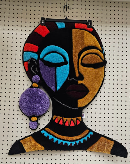 The Goddess Afrocentric hand-tufted functional fiber art portrait with purple earring