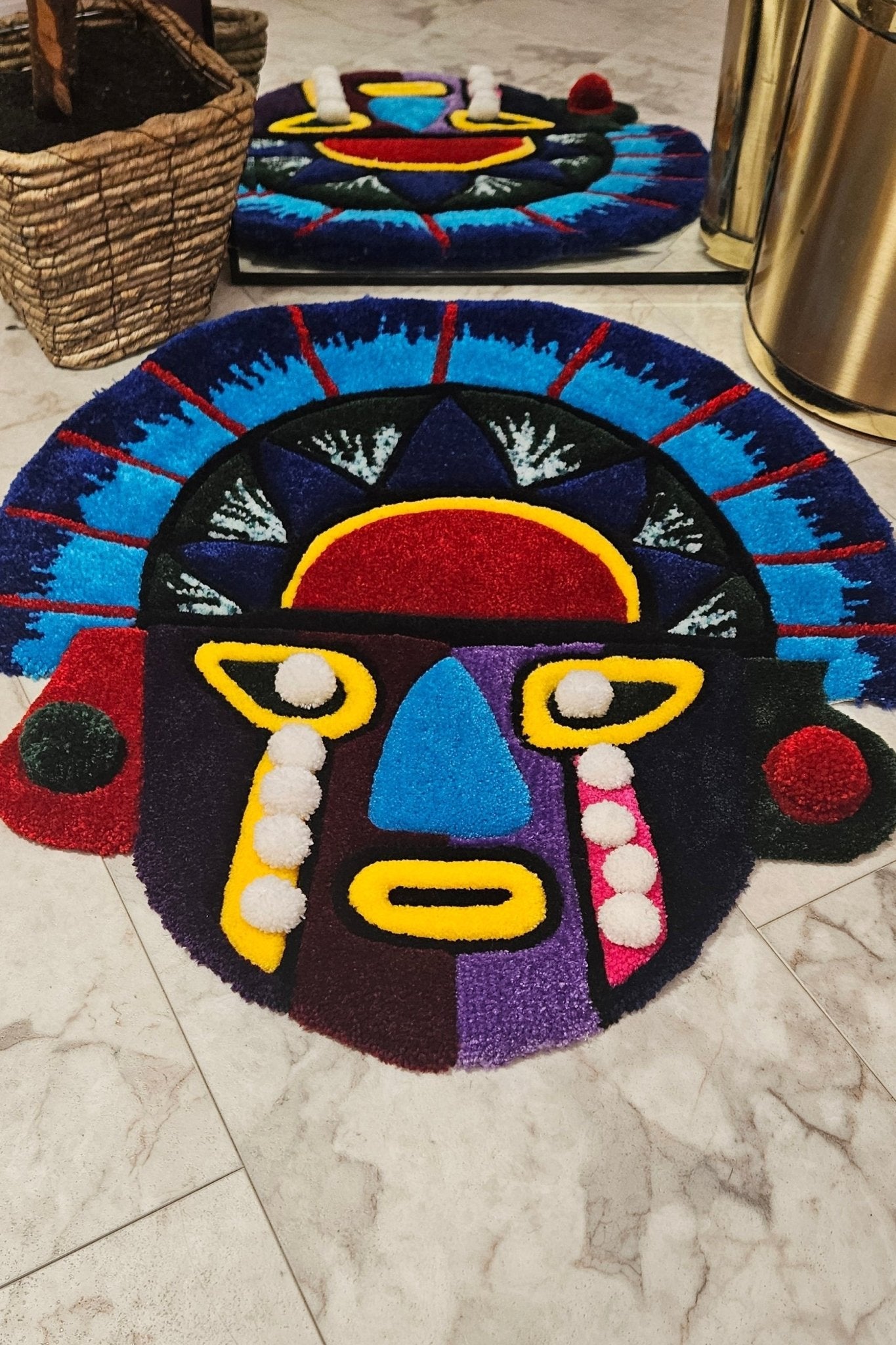 Vibrant Tribal Mask: Hand - Tufted Fiber Art Rug - Kreative Artisan Threads