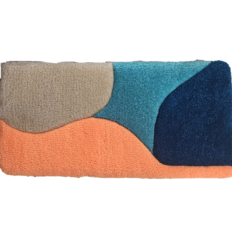 Solar Tide hand-tufted prayer and meditation fiber art in blue, teal, orange, and tan