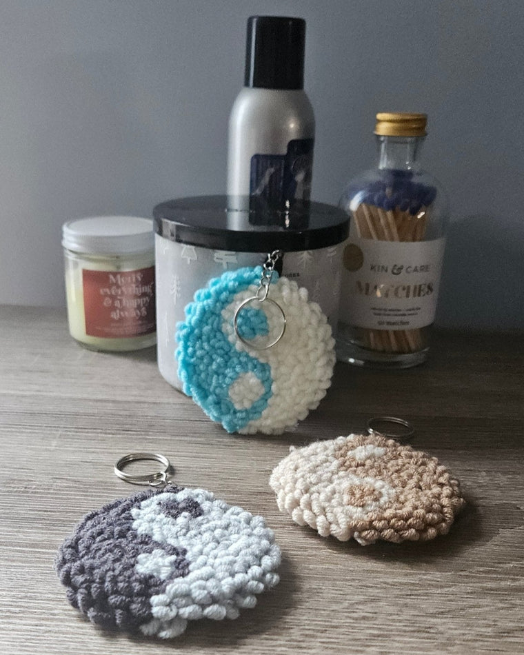 Yin Yang hand-tufted fiber art keychain and plush purse charm